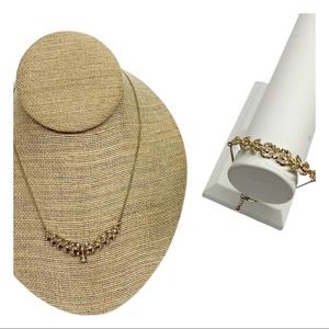 Rhinestone leaf bar necklace and bracelet set gold tone